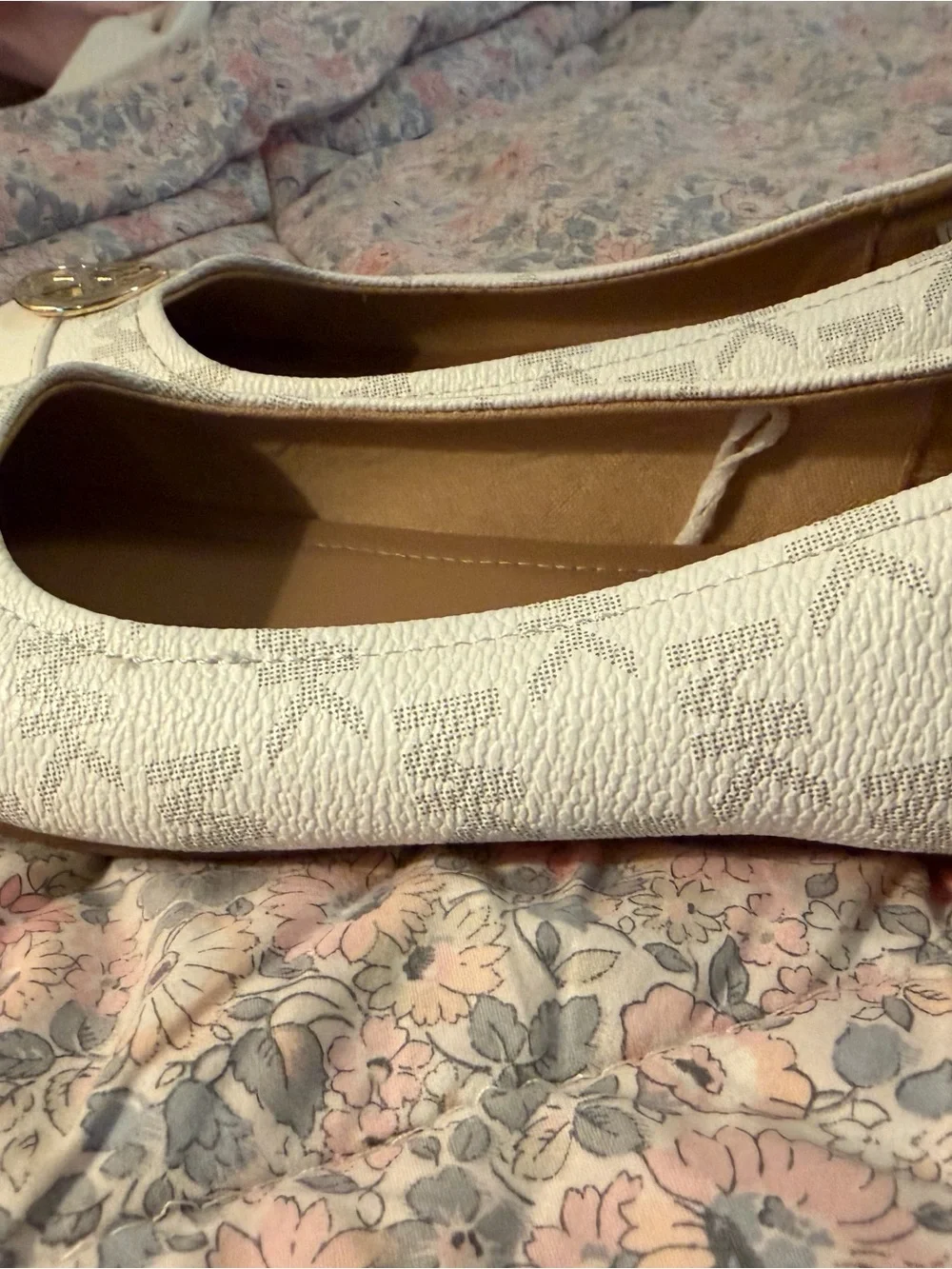 Michael Kors White Logo Ballet Flats with Gold MK Medallion